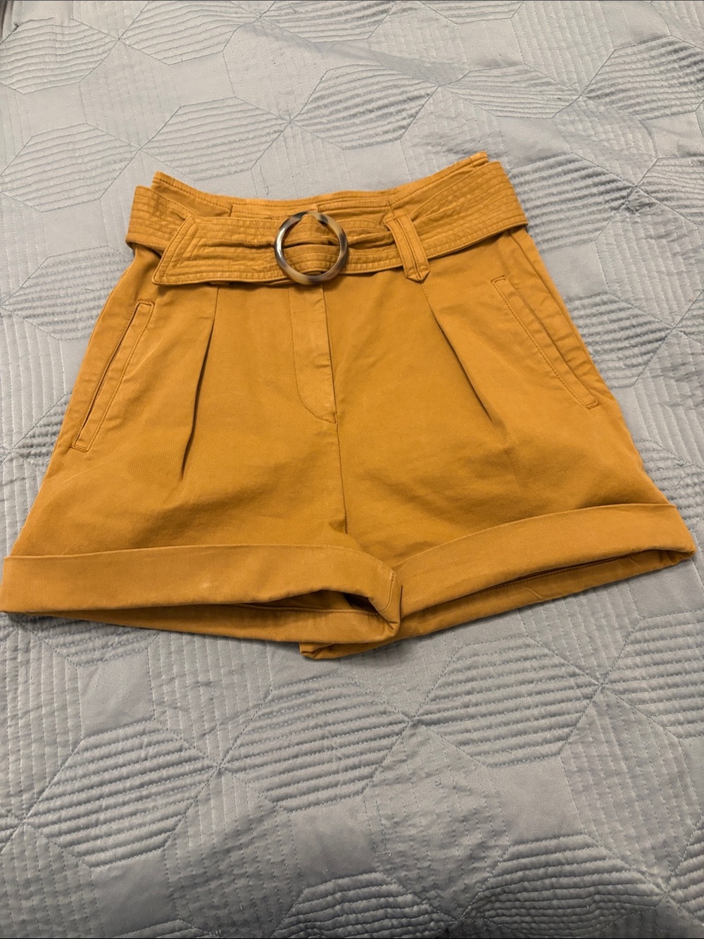 Sezane High-Waist Belted Paperbag Shorts - Mustard Yellow